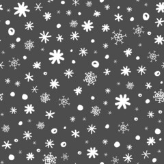 Hand drawn snowflakes, winter seamless pattern. Doodle Christmas, Noel, New Year backdrop. Texture for fabric, textile, wrapping paper, card, invitation, wallpaper, web design