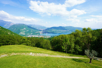 View from the Abbey of San Pietro al Monte with Lake Annone, Lombardy, Italy