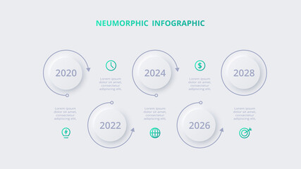Neumorphic flow chart infographic. Creative concept for infographic with 5 steps, options, parts or processes.