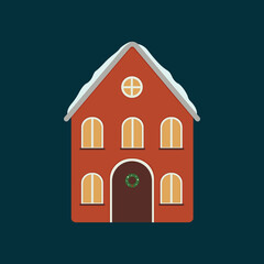 Red Christmas house with snow and decor on a dark blue background