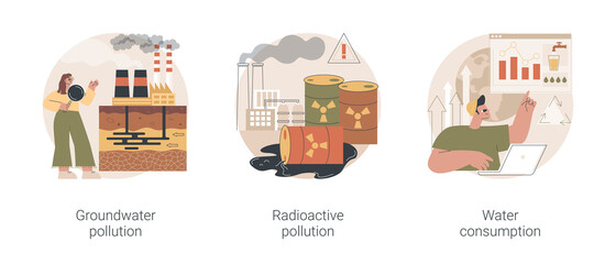 Environmental problem abstract concept vector illustration set. Groundwater pollution, radioactive hazardous waste, water consumption, toxic trash, chemical pollutant in soil abstract metaphor.