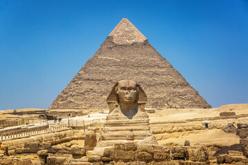 View of the Great Sphinx and Second Pyramid at the Giza Pyramid Complex in Egypt