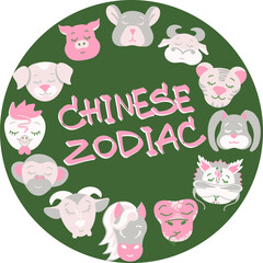 Chinese zodiac wheel with twelve animals. Vector cute animals: rat, bull, tiger, rabbit, dragon, snake, horse, goat, monkey, rooster, dog, boar