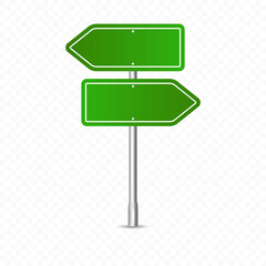 Green traffic sign icon, Highway signboard mockups. Metal pointer isolated on transparent background.