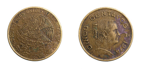 Mexico five centavos coin on a white isolated background