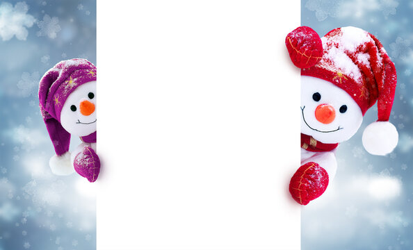 Little snowmen in caps and scarfs on winter background. Background with a funny snowmen. Christmas card.