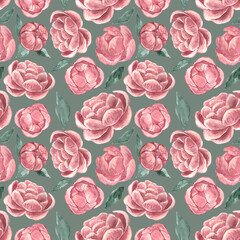 Watercolour hand-painted seamless pattern with pink peonies