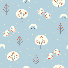 Seamless pattern with bullfinches, snowdrifts and mountain ash. Winter background in cartoon style. Christmas wrapping paper design.