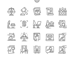 Law and justice. Judge chair. Conflict, criminal, fingerprint and verdict. Online justice. Law book. Pixel Perfect Vector Thin Line Icons. Simple Minimal Pictogram