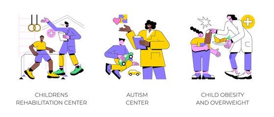 Children healthcare service abstract concept vector illustration set. Childrens rehabilitation center, autism center, child obesity and overweight, special needs pediatric help abstract metaphor.