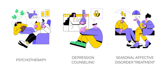 Mental health abstract concept vector illustration set. Psychotherapy, depression counseling, seasonal affective disorder treatment, behavioral cognitive therapy, private session abstract metaphor.