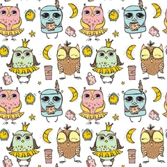 Fotobehang seamless pattern cute cartoon colorful owl are looking to you,illustration vector comic art for card. © virinaflora