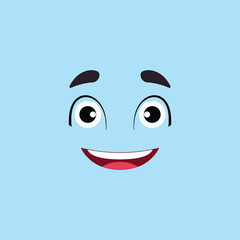 Fun cartoon emoji face with smile and open eyes. Cute vector happy emoticon.