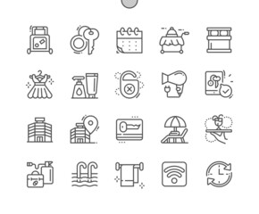 Hotel Services. Ordering food, length of stay, room key. Hotel location. Swimming pool. Do not disturb. Booking and reservation. Pixel Perfect Vector Thin Line Icons. Simple Minimal Pictogram