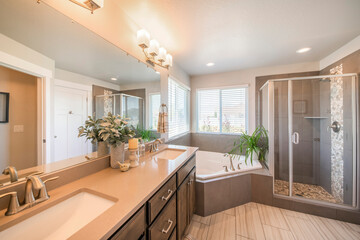 Modern contemporary master bathroom with gray and beige theme