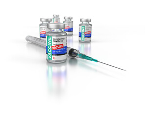 Coronavirus COVID-19 Vaccine Booster Vials and Syringe On Reflective White Background.