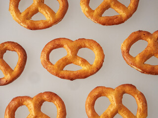 Pretzels isolated on white background. Flat lay. Top view