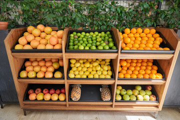 Wooden display rack with various citrus fruits for choice
