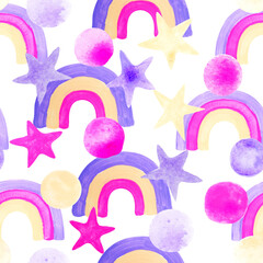 Seamless pattern. Watercolour, hand drawn children pattern, rainbows, stars, clouds.