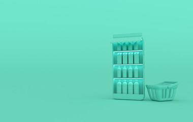 Smartphone with shelves, beverages and shopping basket 3d rendering. Online shopping and delivery concept