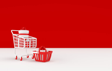 Shopping cart and basket with presen box.  3d render