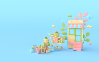 Illustration of shopping basket, present box, clouds, smartphone.  Online shopping concept. 3d render