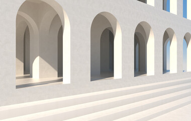 3d rendering. Arch hallway geometric background, architectural corridor, arch columns, empty wall. ancient housing Banner for travel presentations