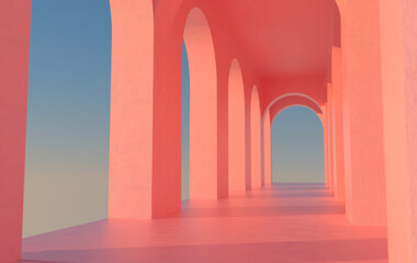 3d rendering. Arch hallway pink geometric background, architectural corridor, arch columns, empty wall. ancient housing Banner for travel presentations