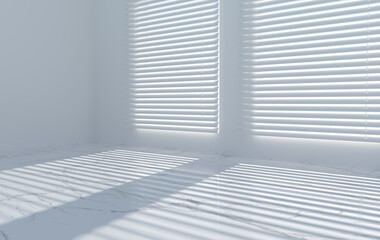 3d rendering of the room corner wall and window with blinds, shadow. Kitchen or bathroom interior mock up for product presentation