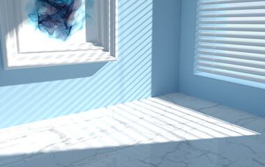 3d rendering of the room corner and window with blinds, shadow. Kitchen or bathroom interior mock up for product presentation