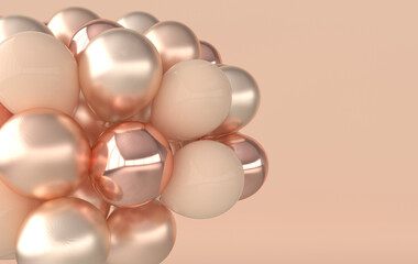 A bunch of golden and beige balloons on beige background. Empty space for birthday, party, promotion social media banners, posters. 3d render balloons