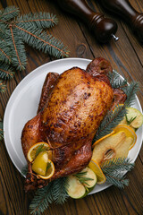 Christmas duck on a wooden table. Christmas dinner
