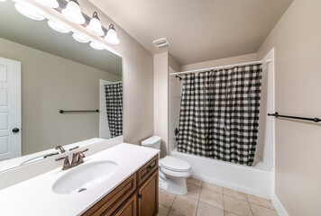 Traditional bathroom interior with checkered black and white shower curtain