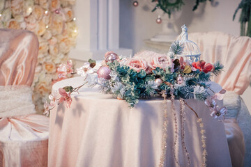 Elegantly decorated with pink flowers banquet table