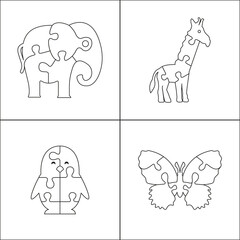 Elephant, giraffe, butterfly and penguin puzzle game. Vector