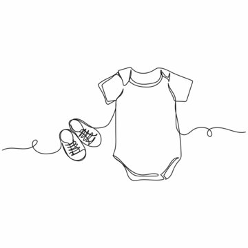Vector continuous one single line drawing icon of baby clothes and shoes in silhouette on a white background. Linear stylized.