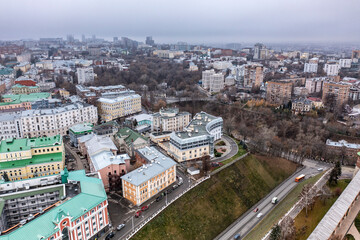 Fototapeta na wymiar a panoramic view from a drone of the historical center of Nizhny Novgorod on a cloudy autumn day 