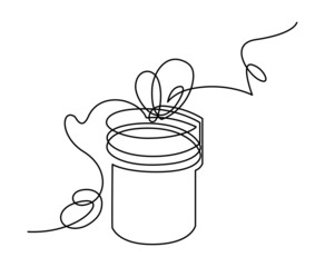 Round box for gifts. Box tied with ribbons. New Year. Festive mood. Continuous line drawing. Vector illustration. Isolated on white background