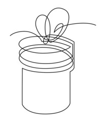 Round box for gifts. Box tied with ribbons. New Year. Festive mood. Continuous line drawing. Vector illustration. Isolated on white background