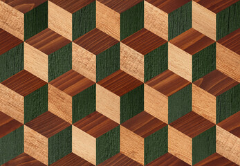 Parquet floor texture with cube pattern. Seamless wood wallpaper. Geometric wooden background. 