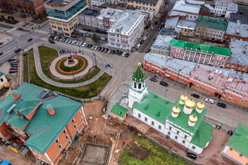 a panoramic view from a drone of the historical center of Nizhny Novgorod on a cloudy autumn day 