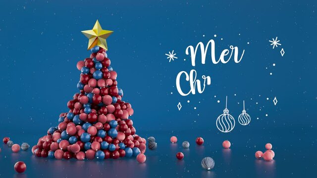 3d Christmas endless animation. Christmas tree on blue background- 3d rendering. Christmas or New Year background. Motion design, modern animated live image