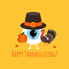 Thanksgiving eye ball in pilgrim hat with pumpkin and turkey. Cute eyeball in carnival costume - ophthalmology character for greeting card. Flat design cartoon kawaii style illustration.