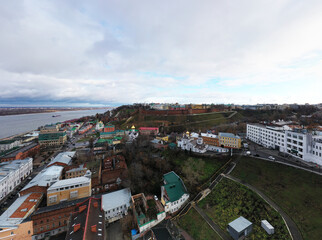 a panoramic view from a drone of the historical center of Nizhny Novgorod on a cloudy autumn day 