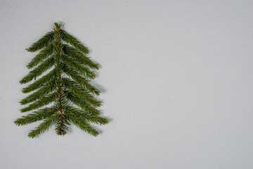Stylized Christmas tree made of fir branches on grey background.