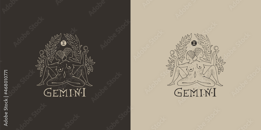 Wall mural outline zodiac sign gemini. astrological symbol. horoscope. set of two variants of logos on a dark a