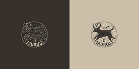 Outline zodiac sign Taurus. Astrological symbol. Horoscope. Set of two variants of logos on a dark and light background