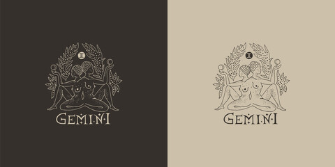 Outline zodiac sign Gemini. Astrological symbol. Horoscope. Set of two variants of logos on a dark and light background.