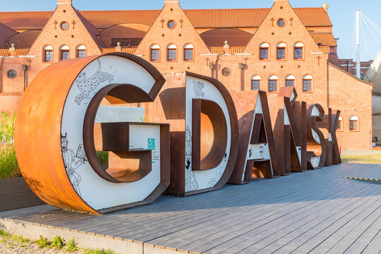 Gdansk, Poland - July 31, 2021: Gdansk sign in Old Town of Gdansk.