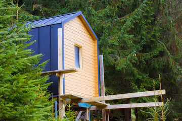 Modern cottage in pine forest among evergreen trees in a daytime. Modern constructor building made...